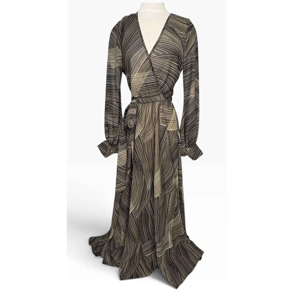 Meghan LA Lilypad Maxi Dress Abstract Print Wrap Tie Waist Long Sleeve Boho
